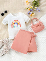 Summer Rainbow Print Top & Irregular Skirt Set for Girls