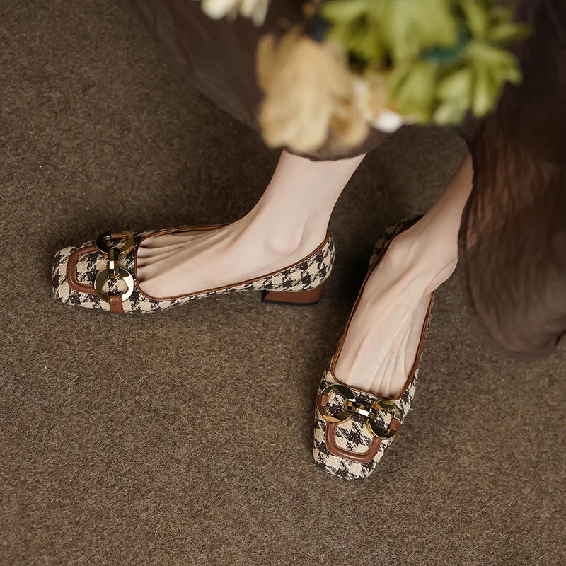 French Retro Kitten Heel Square Toe Sandals