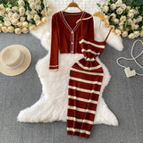 Women V-neck Pearl Button Short Knit Jacket set dress for winter season
