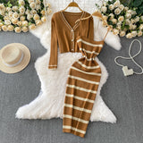 Women V-neck Pearl Button Short Knit Jacket set dress for winter season