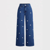 Women New High Waist Wash Bow Wide Leg Pants Jeans