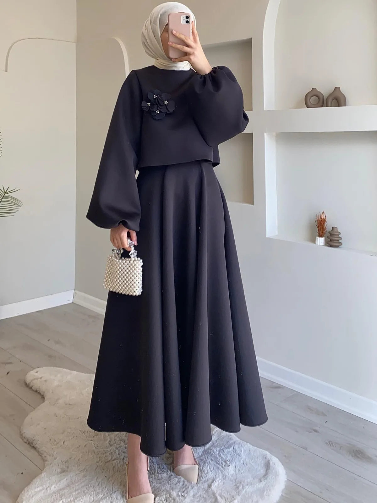 Flower Lantern Sleeve Loose Dress Women's Set Two Piece Set for autumn season