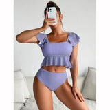 Striped Ruffle High Waist Backless Bikini Swimsuit