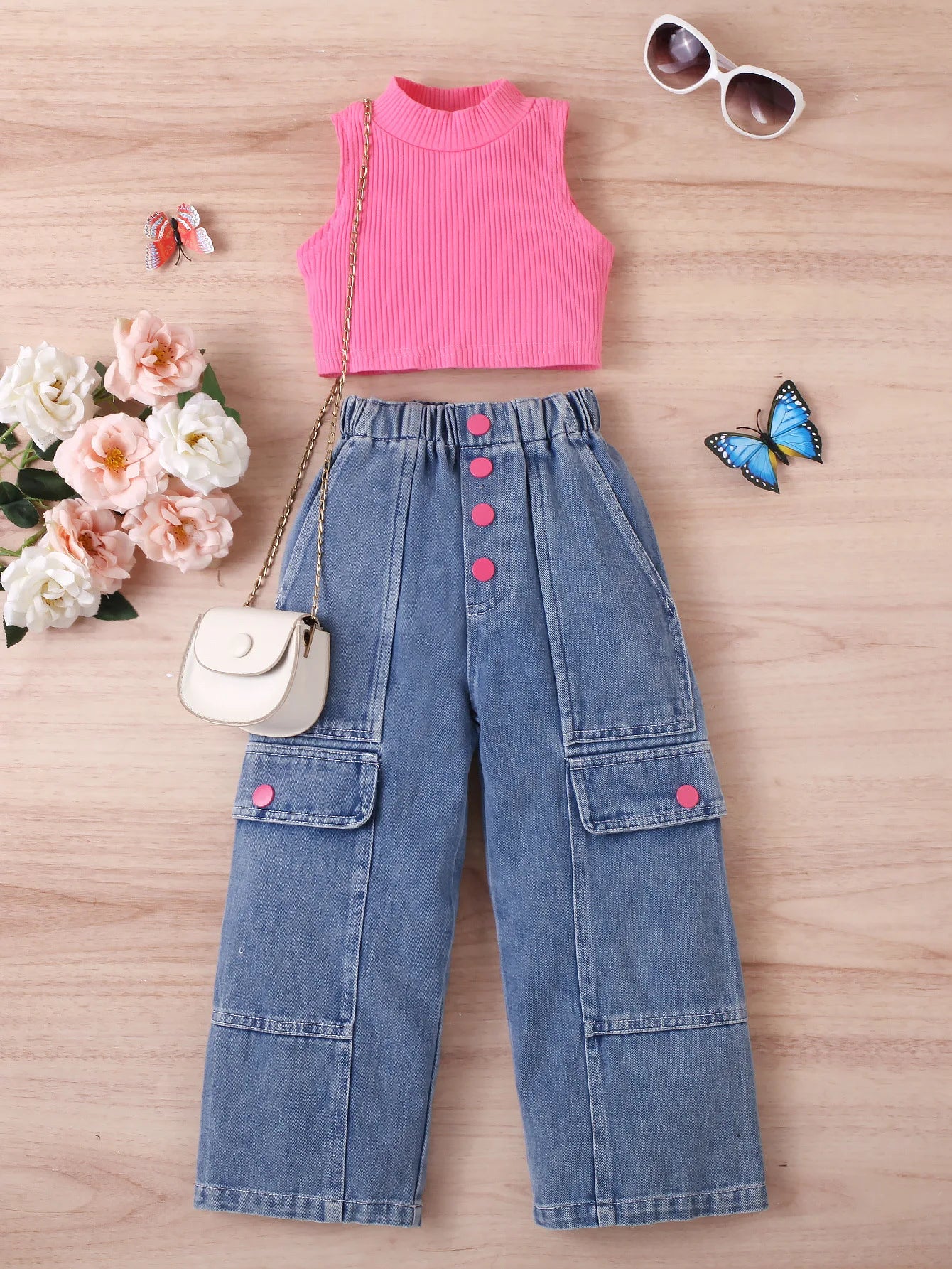 Solid Color Knit Vest & Denim Set