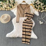 Women V-neck Pearl Button Short Knit Jacket set dress for winter season