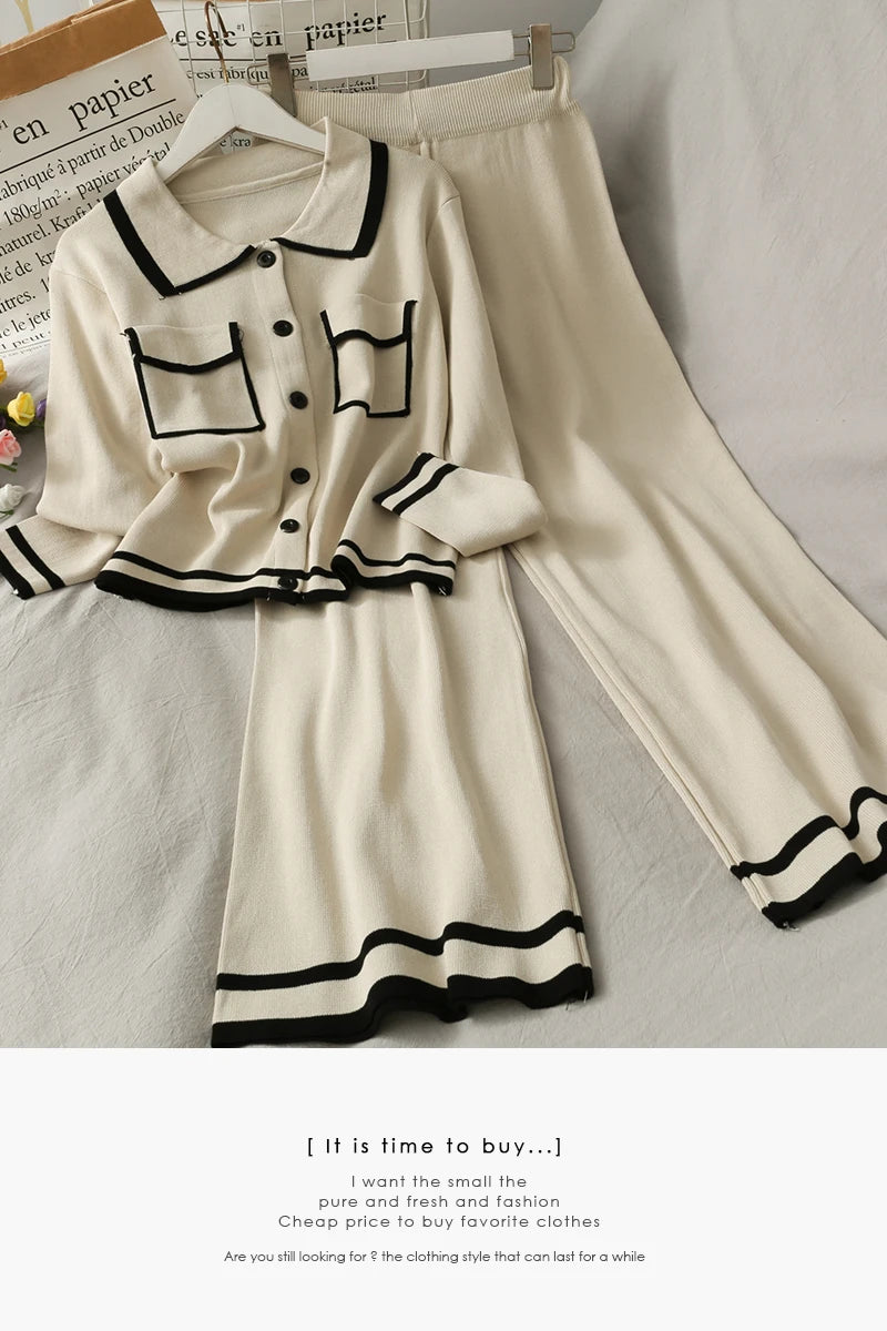 Long-sleeved Sweater Autumn High-waisted Slim Drape Wide-leg Pants Women's Set for winter