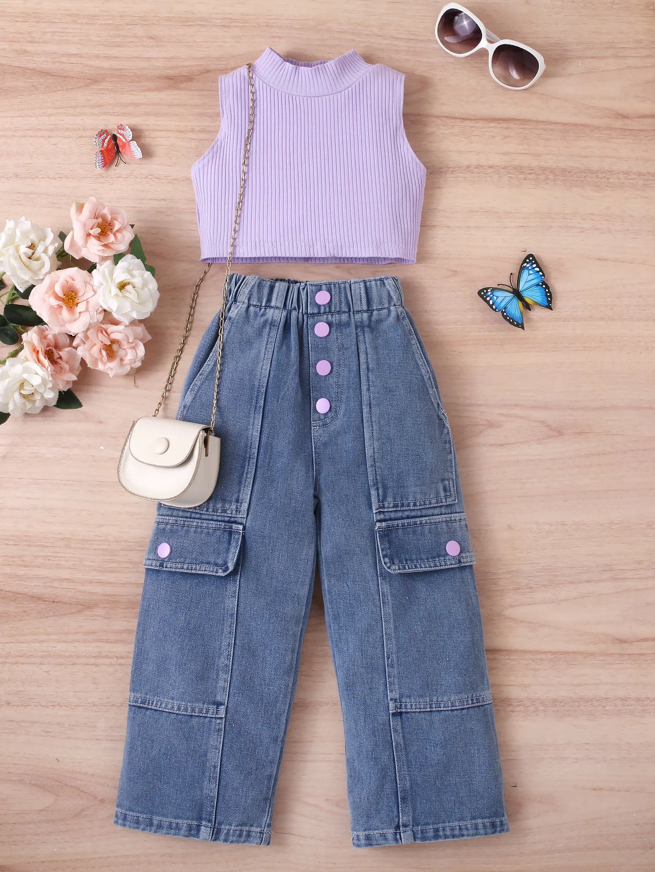 Solid Color Knit Vest & Denim Set