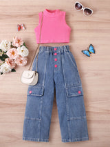 Solid Color Knit Vest & Denim Set