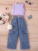 Solid Color Knit Vest & Denim Set