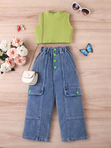 Solid Color Knit Vest & Denim Set