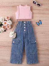 Solid Color Knit Vest & Denim Set