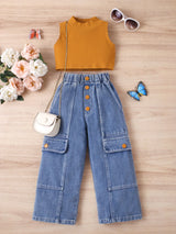 Solid Color Knit Vest & Denim Set