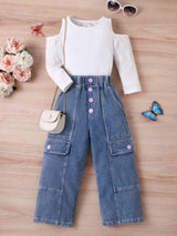 Solid Color Knit Vest & Denim Set