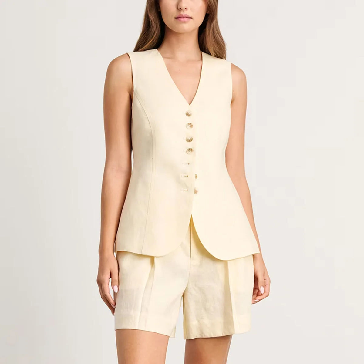 Women's Sleeveless Cotton-Linen Shorts Suit Set