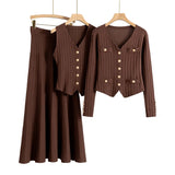 Women’s Three-Piece Knit Cardigan, Vest, and Skirt Set