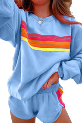 Women’s Striped Blue Two-Piece Sweatshirt Short Set