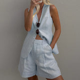 Women's Sleeveless Cotton-Linen Shorts Suit Set