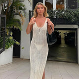 V-Neck Crochet Maxi Dress Backless Beach Cover-Up