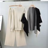 Women’s Three-Piece Knitted Cardigan and Wide-Leg Pants Set